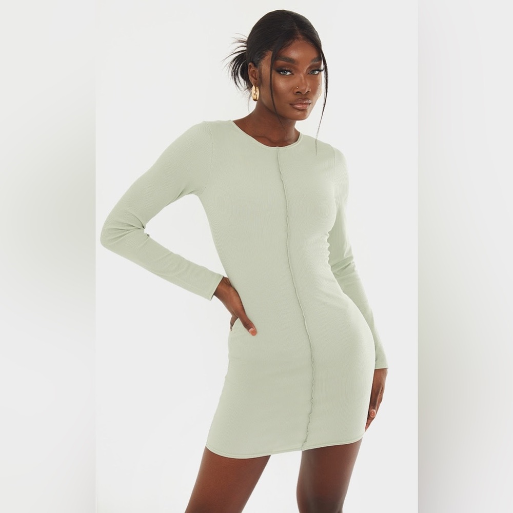 Sage Green Ribbed Long Sleeve Mini Dress
